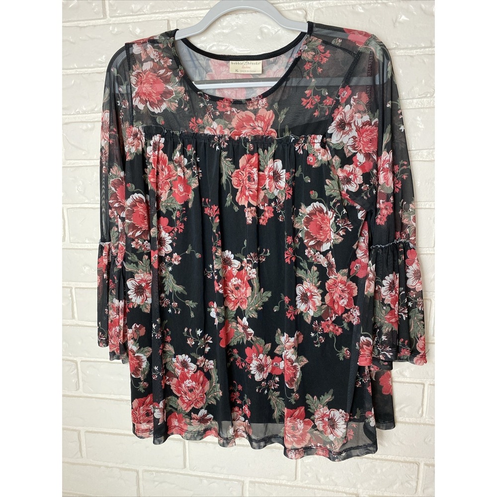 Bobbie Brooks Ladies Blouse Size XL Black Floral Bell Sleeve Tunic Style Lined